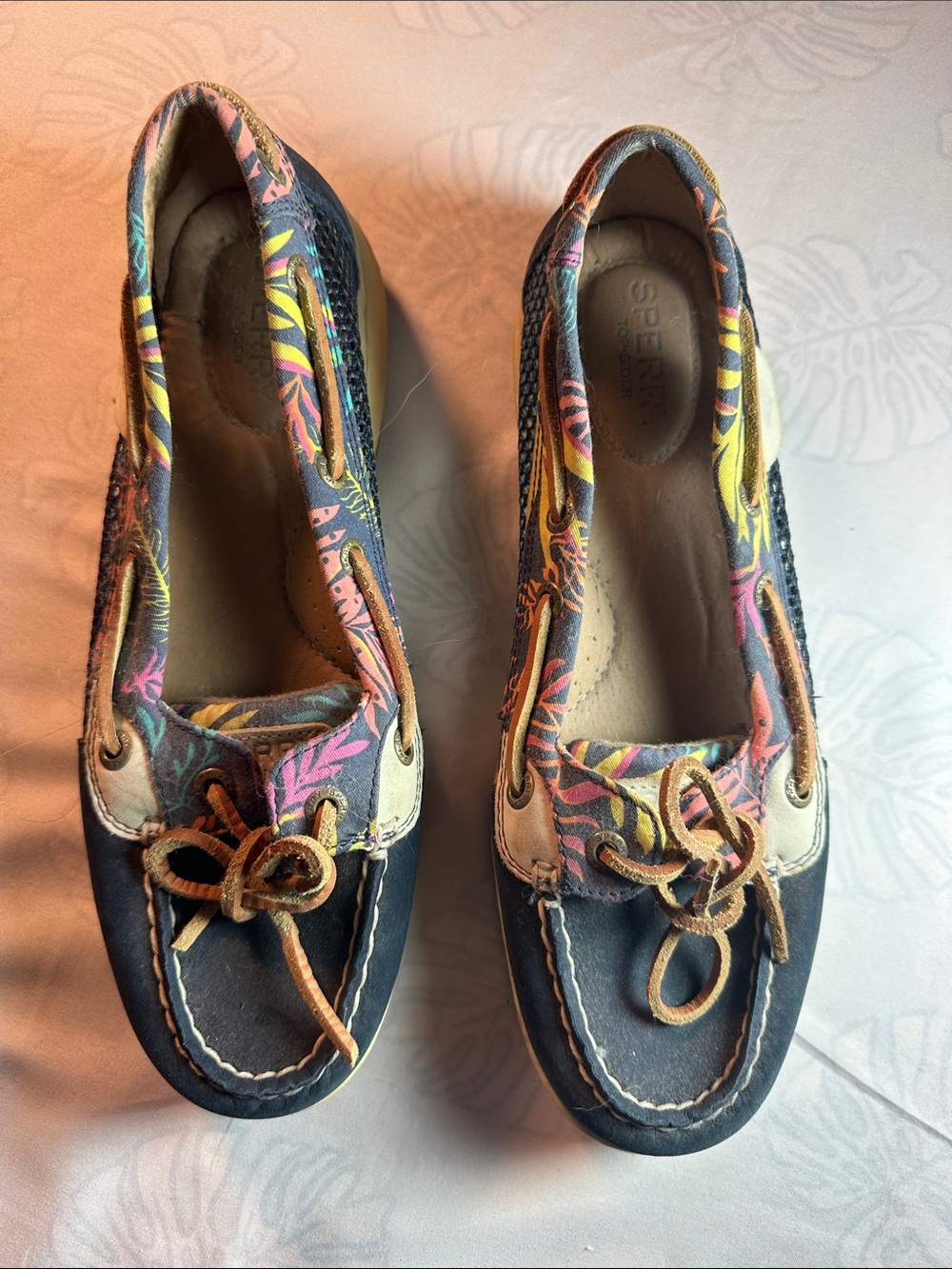 Sperry Navy Boat Shoes with Multicolor Floral Trim